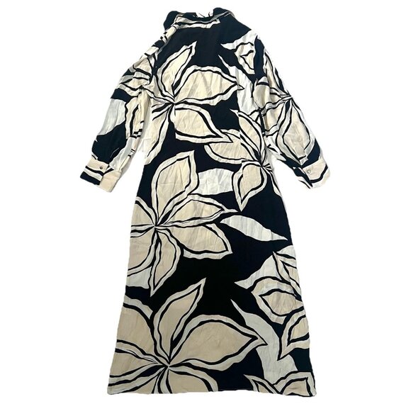 NWT Zara Ecru Black White Printed Ruched Detail Button Front Maxi Dress Womens L - Picture 3 of 5